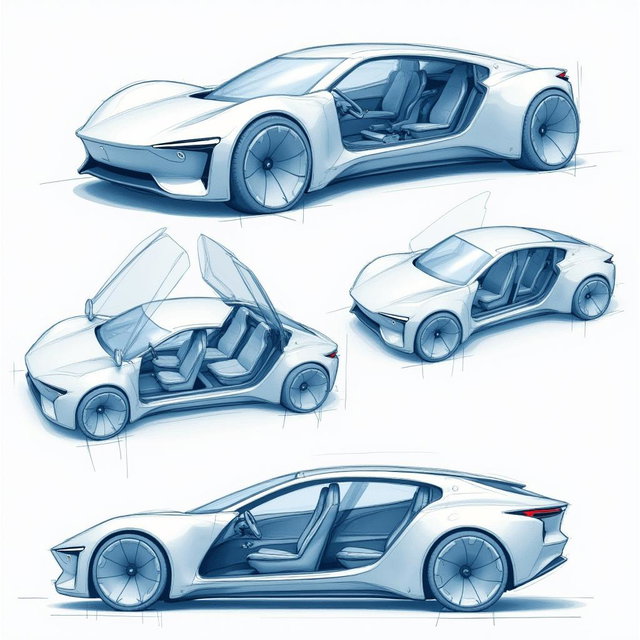 Create several pencil sketches of a futuristic electric vehicle with four doors, illustrated in dark blue tones