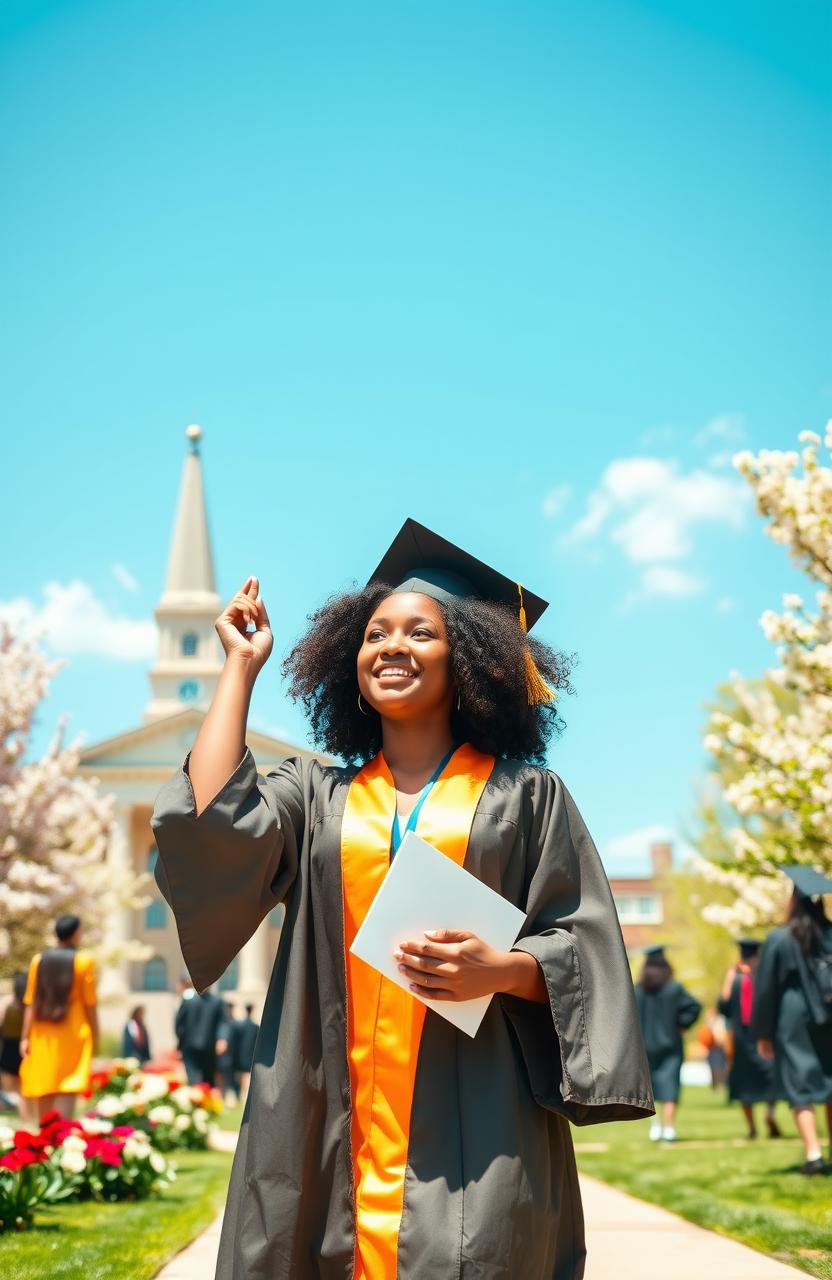 A vibrant, optimistic scene depicting a recent college graduate standing proudly in a cap and gown on a sunny campus