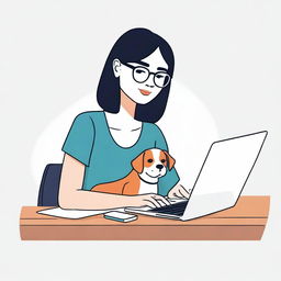 Simple flat vector illustration of a woman sitting at a desk, engrossed in her laptop with a cute puppy by her side, isolated on a white background.