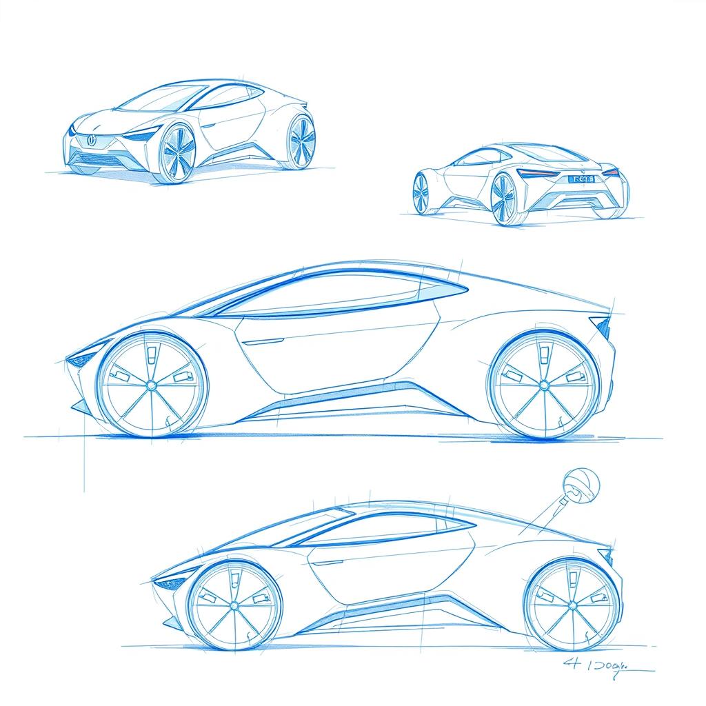 Create several concept sketches of a futuristic electric vehicle using blue pencil