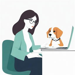 Simple flat vector illustration of a woman sitting at a desk, engrossed in her laptop with a cute puppy by her side, isolated on a white background.