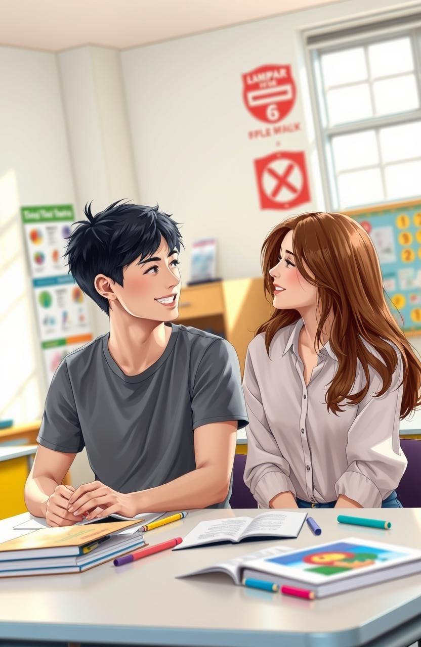A scene depicting a male and female student sitting together at a classroom desk in a 9th-grade setting