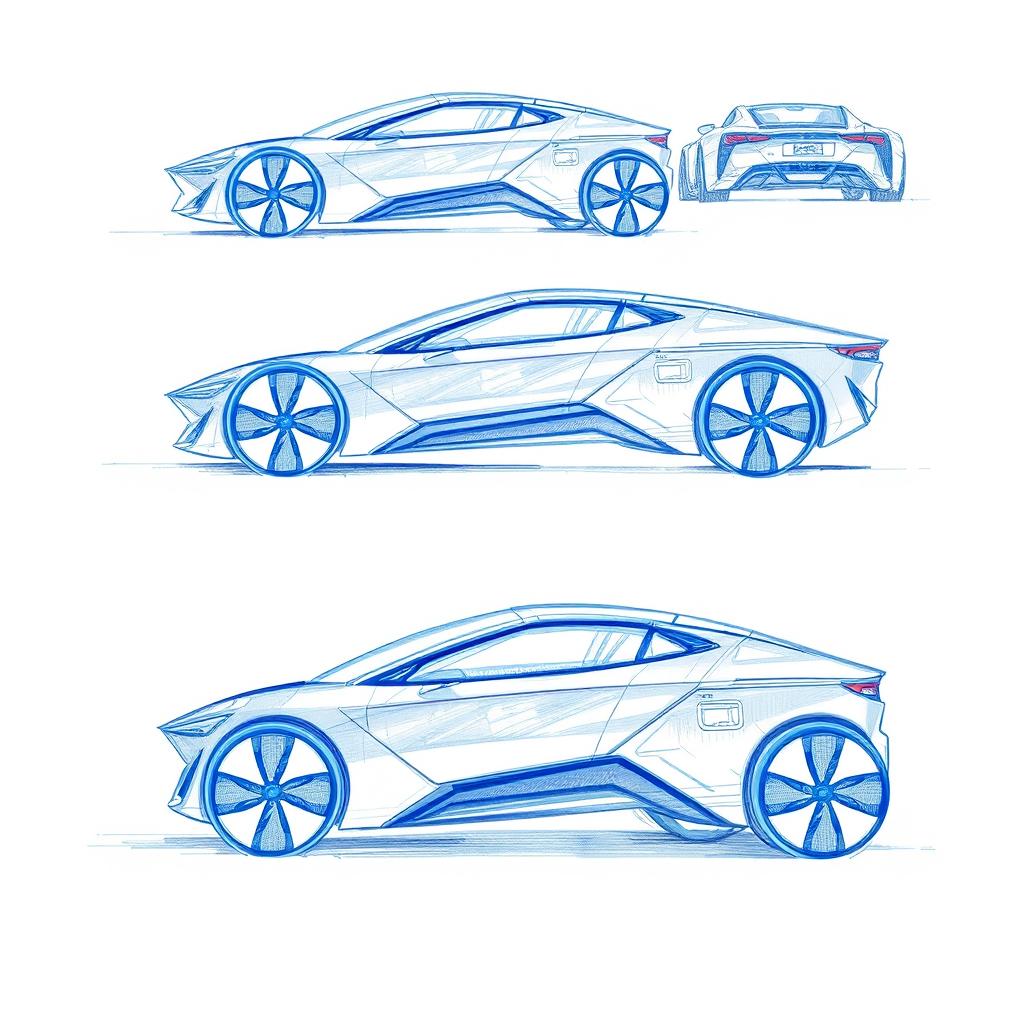 Create several concept sketches of a futuristic electric vehicle using blue pencil