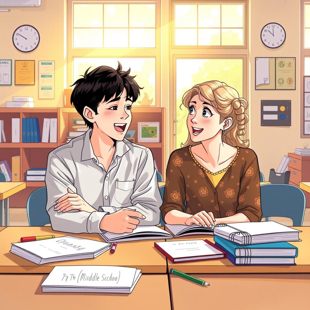 A scene illustrating a young man and woman sitting together at a desk in a 9th-grade middle school classroom