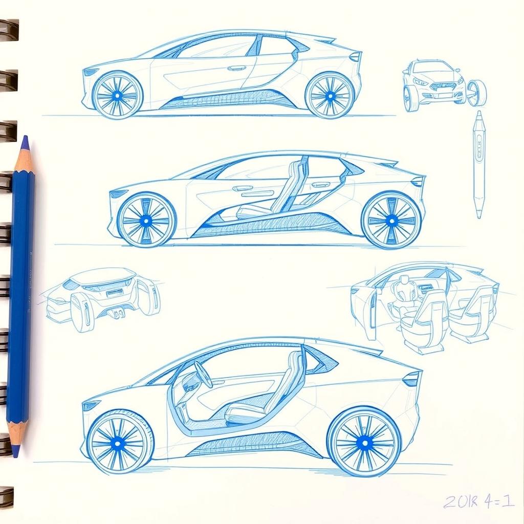 Create several concept sketches of a four-seater futuristic electric vehicle using blue pencil