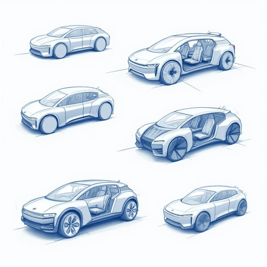 Create several concept sketches of a futuristic four-seater electric vehicle using blue pencil