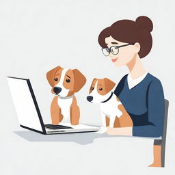 Simple flat vector illustration of a woman sitting at a desk, engrossed in her laptop with a cute puppy by her side, isolated on a white background.