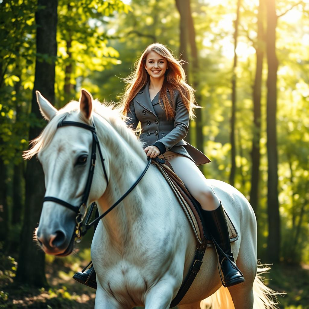 A beautiful young woman riding a majestic white horse through a sunlit forest