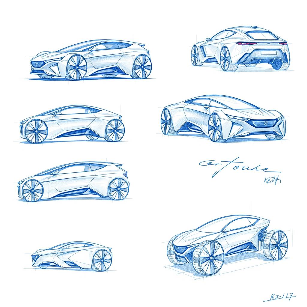 Create several concept sketches of a futuristic electric vehicle using dark blue pencil