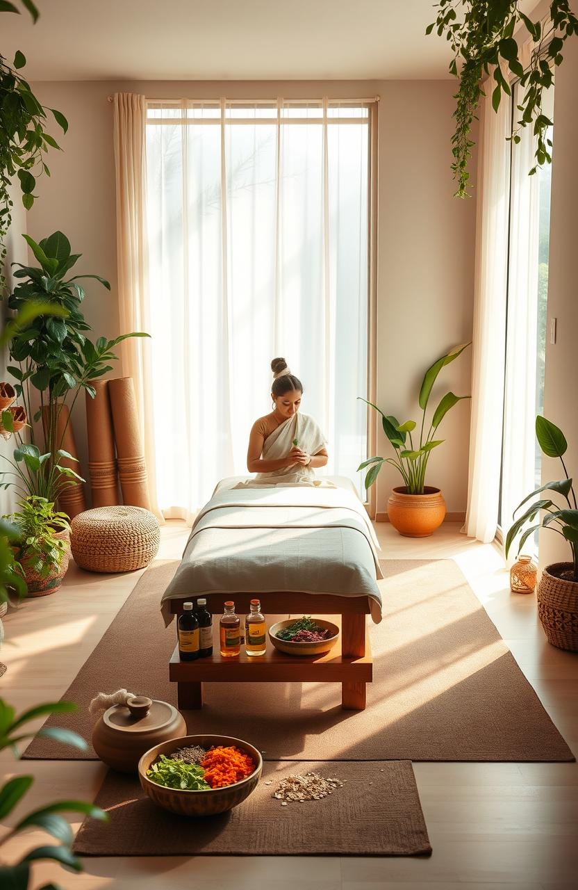 A serene, inviting scene depicting Ayurvedic healing practices