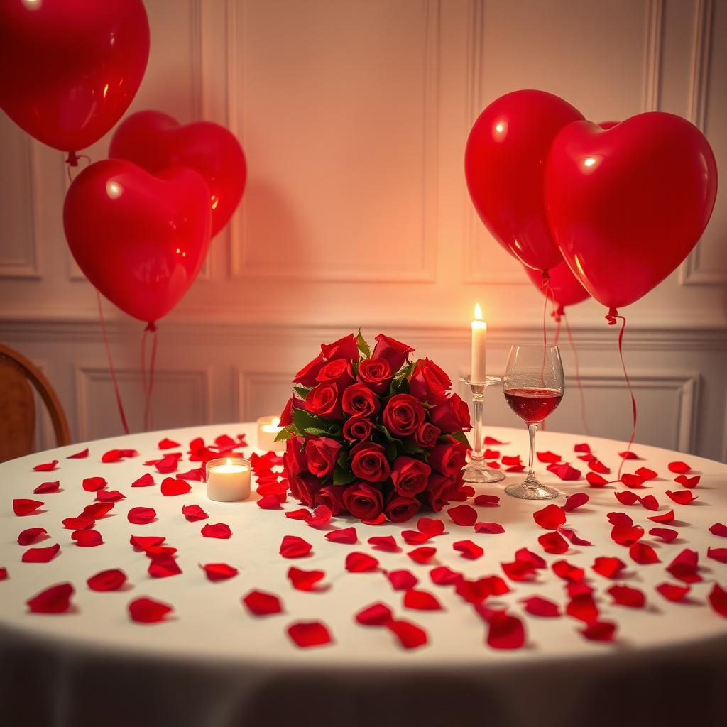 A romantic Valentine's Day setup featuring a table elegantly adorned with red rose petals scattered across the surface and the floor