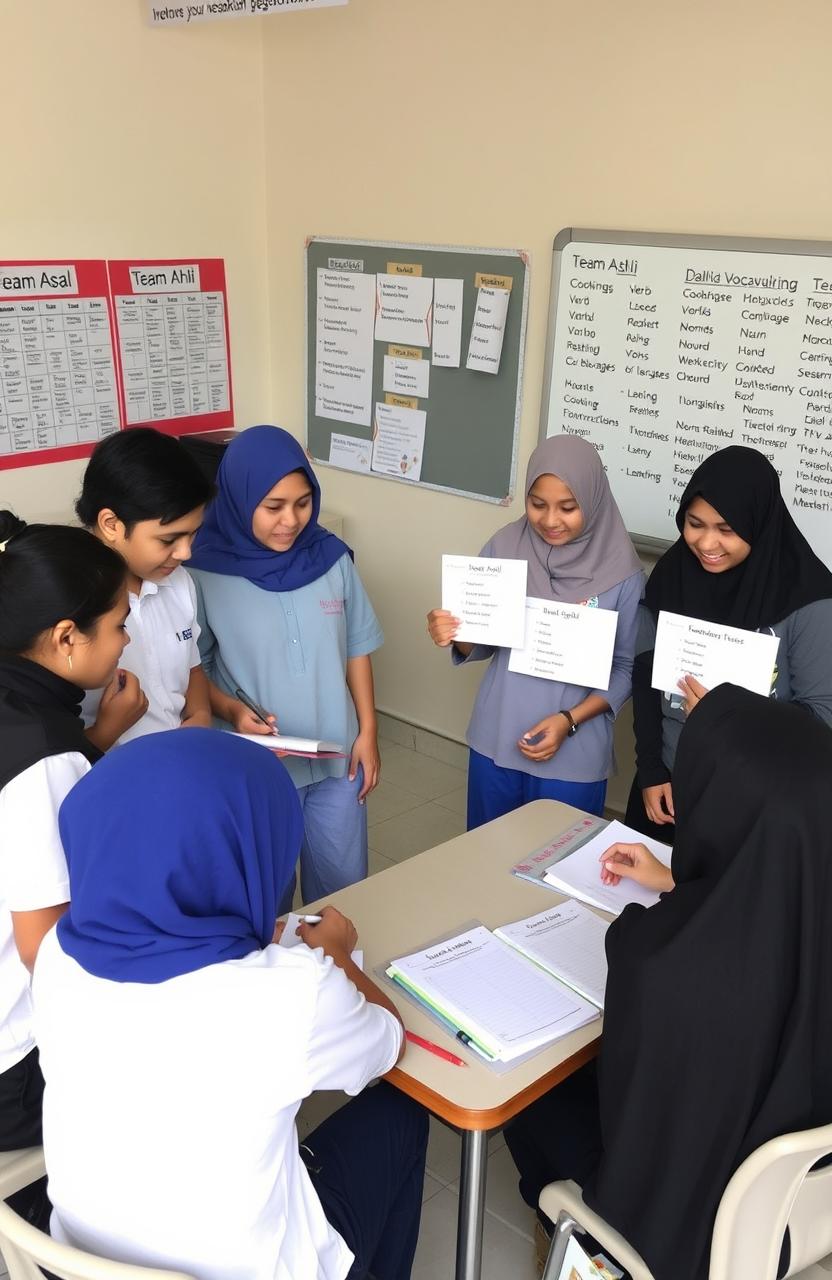 A classroom setting where two groups of students labeled as 'Team Asal' and 'Team Ahli' are engaged in a collaborative educational activity