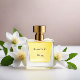 Minimalistic product photography of a perfume bottle on a clean backdrop, encircled by fragrant white flowers under natural light.