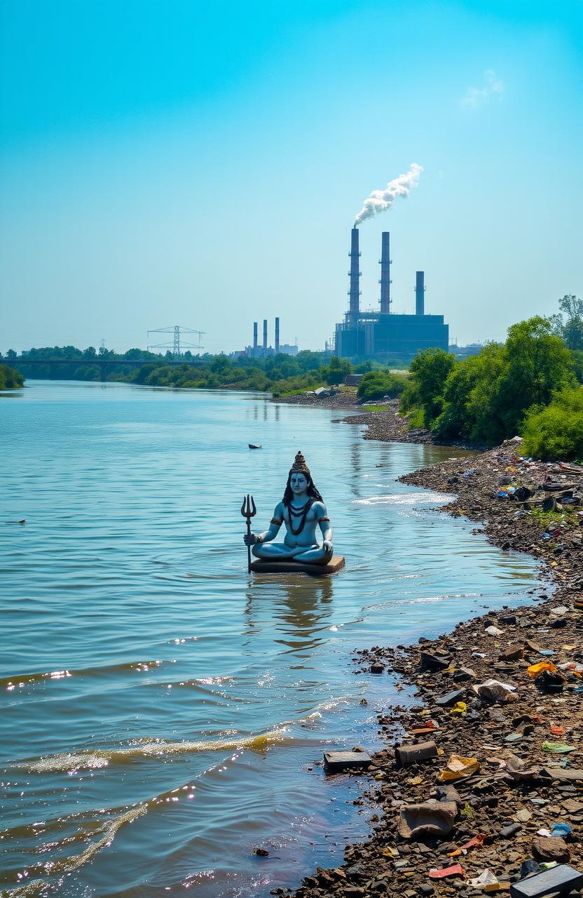 A serene and contrasting scene of the Ganges river flowing peacefully with Lord Shiva depicted in a meditative posture on the riverbank, surrounded by lush greenery