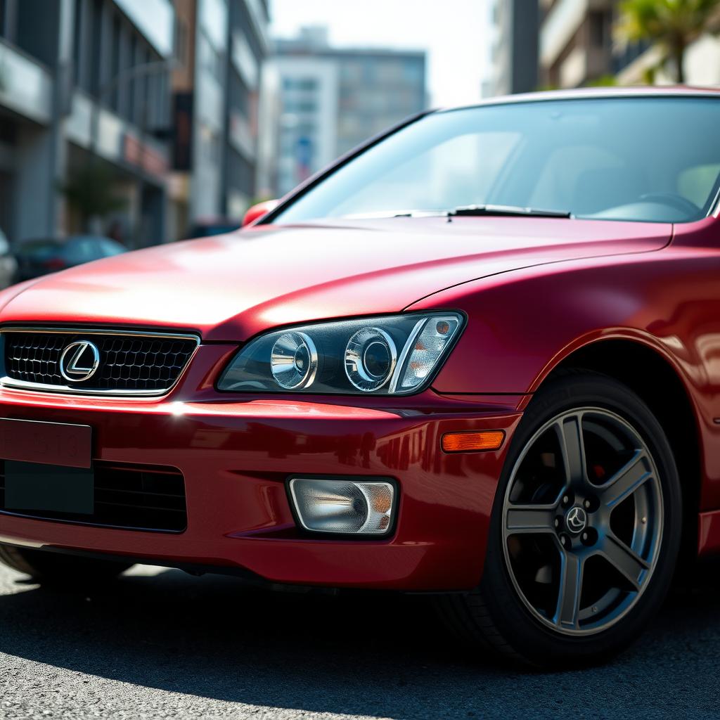 A stunning 2001 Lexus IS300 in a deep matte red finish, showcasing its sleek and sporty design