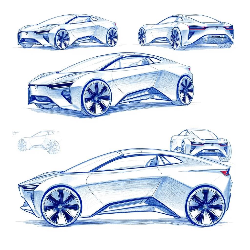 Create an artistic design sketch of a futuristic electric vehicle, incorporating blue pencil aesthetics similar to existing concept art