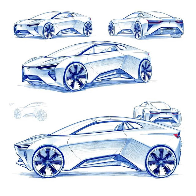 Create an artistic design sketch of a futuristic electric vehicle, incorporating blue pencil aesthetics similar to existing concept art