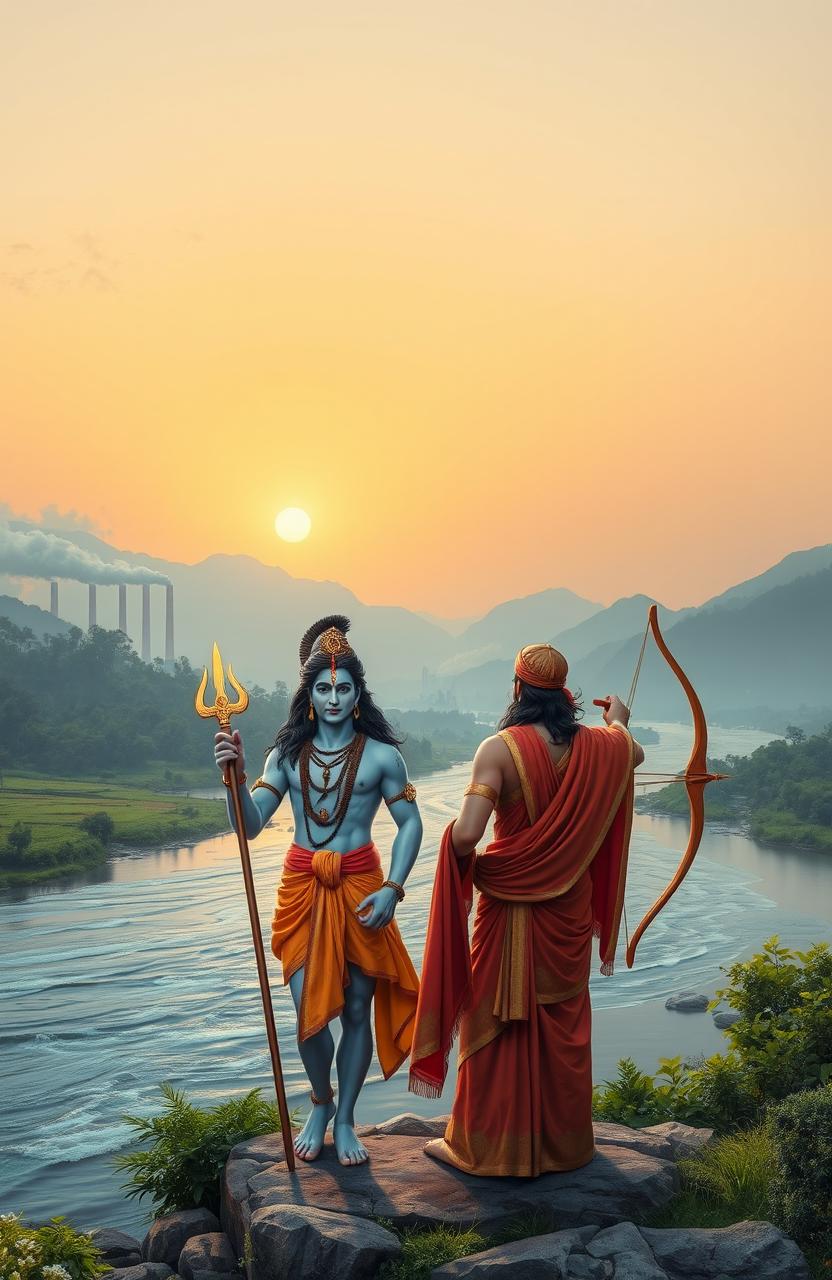 A serene depiction of the Ganga River flowing through a picturesque landscape, with the majestic figures of Lord Shiva and Lord Rama standing side by side near the riverbank
