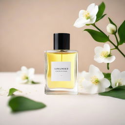 Minimalistic product photography of a perfume bottle on a clean backdrop, encircled by fragrant white flowers under natural light.