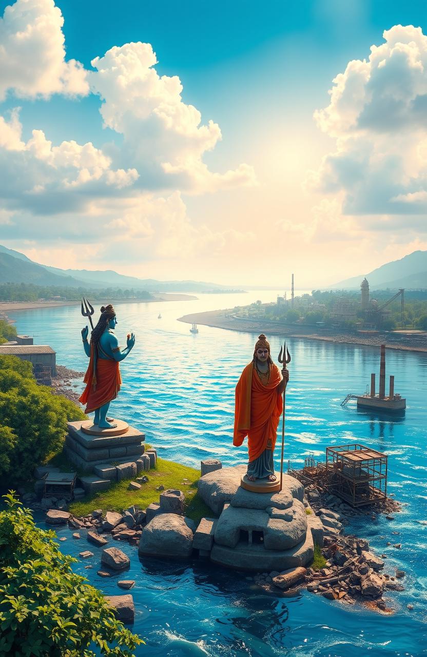 A beautifully depicted scene of the holy River Ganga flowing through a vivid landscape, with the serene figures of Lord Shiva and Lord Rama standing gracefully along the riverbank