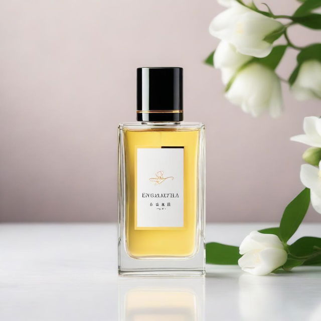 Minimalistic product photography of a perfume bottle on a clean backdrop, encircled by fragrant white flowers under natural light.