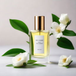 Minimalistic product photography of a perfume bottle on a clean backdrop, encircled by fragrant white flowers under natural light.