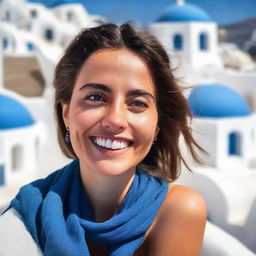 Close-up candid shot of a delighted young woman wearing a blue scarf, vacationing in Santorini, with stark white buildings and vibrant blue domes seen in the backdrop.