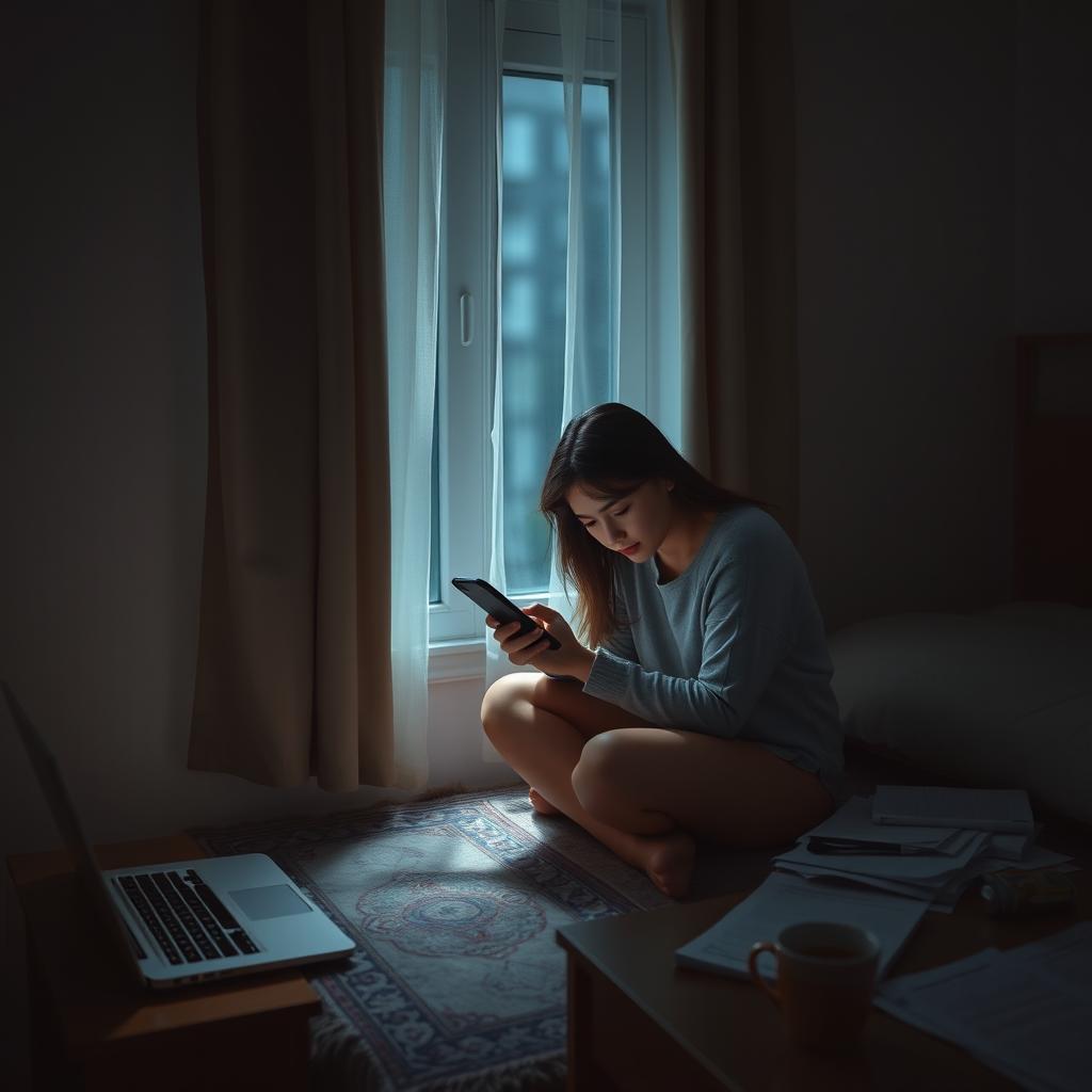 A young woman sitting on the edge of her bed at night, gazing at her phone with a troubled expression