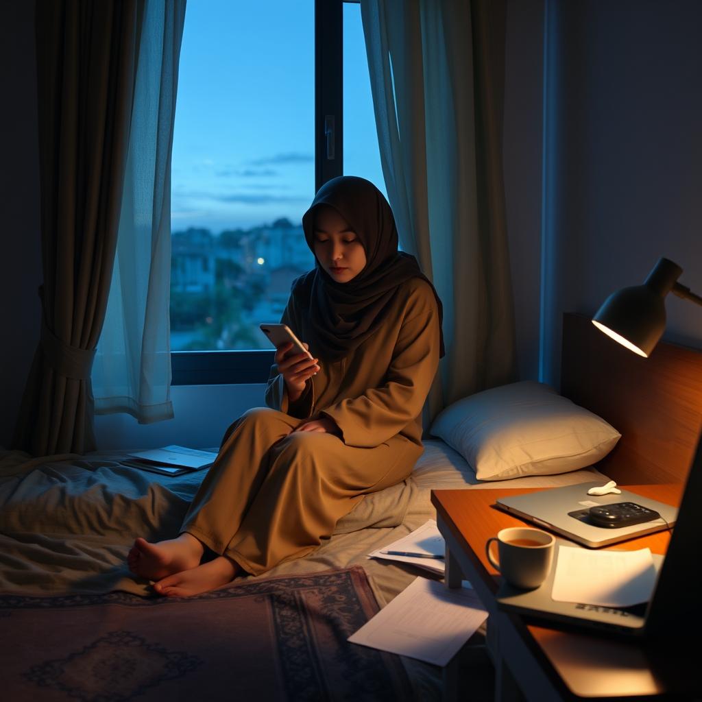 A young Indonesian Muslim woman sitting on the edge of her bed at night, wearing a modest hijab and a comfortable, long-sleeved outfit
