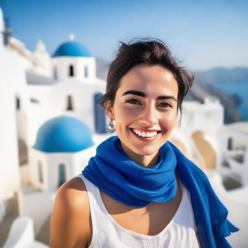 Close-up candid shot of a delighted young woman wearing a blue scarf, vacationing in Santorini, with stark white buildings and vibrant blue domes seen in the backdrop.