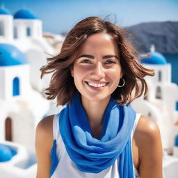 Close-up candid shot of a delighted young woman wearing a blue scarf, vacationing in Santorini, with stark white buildings and vibrant blue domes seen in the backdrop.