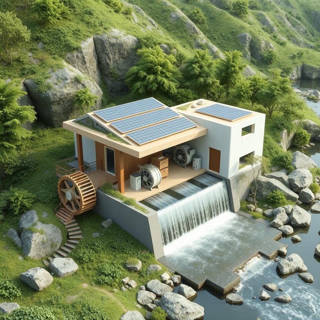 Design a concept for a mini-hydroelectric power station, emphasizing sustainability and integration with the natural environment