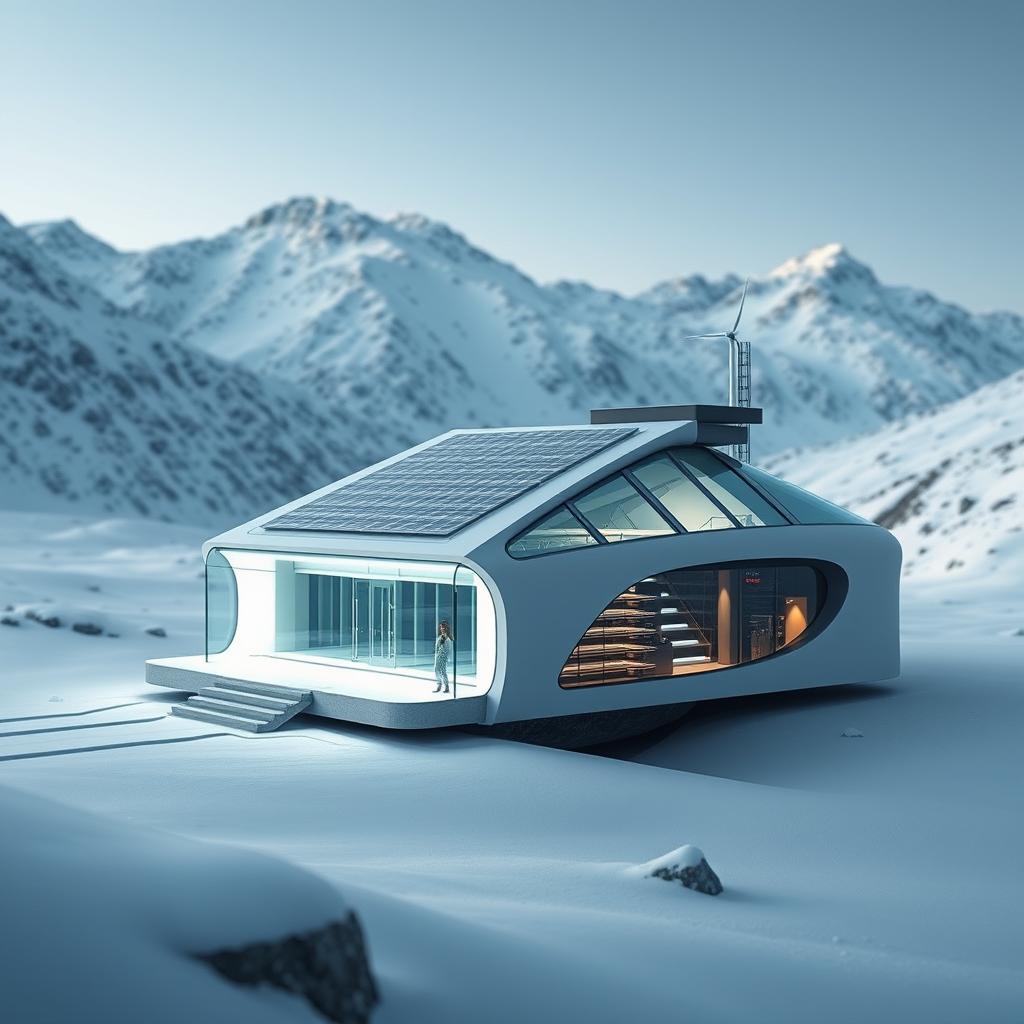 Design a futuristic mini-hydropower station set against a backdrop of snowy Siberian mountains