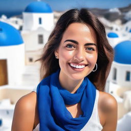 Close-up candid shot of a delighted young woman wearing a blue scarf, vacationing in Santorini, with stark white buildings and vibrant blue domes seen in the backdrop.