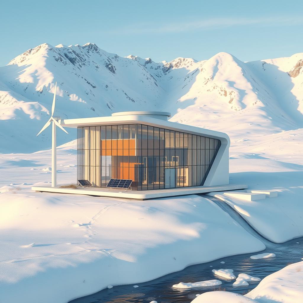 Design a small hydropower station situated in a futuristic style against a backdrop of snowy Siberian mountains