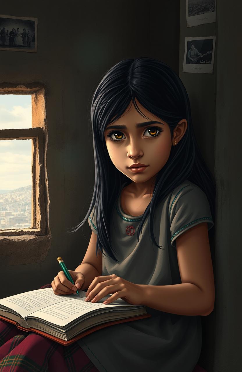 A poignant and emotional scene depicting Aafiya, a resilient Palestinian girl, sitting in a dimly lit room, writing in her diary