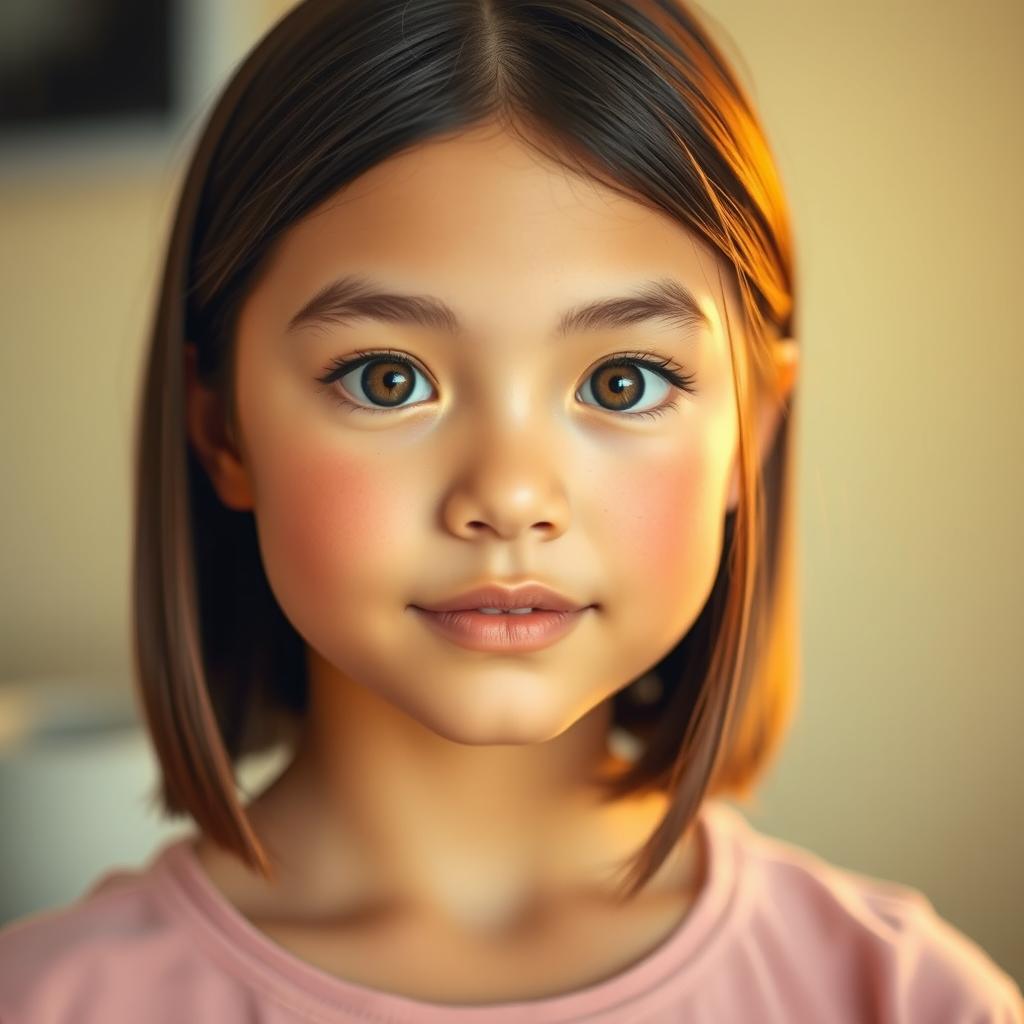 A portrait of an 18 year old girl with wide, expressive eyes, prominent thick eyebrows, slightly thick lips, and rosy cheeks