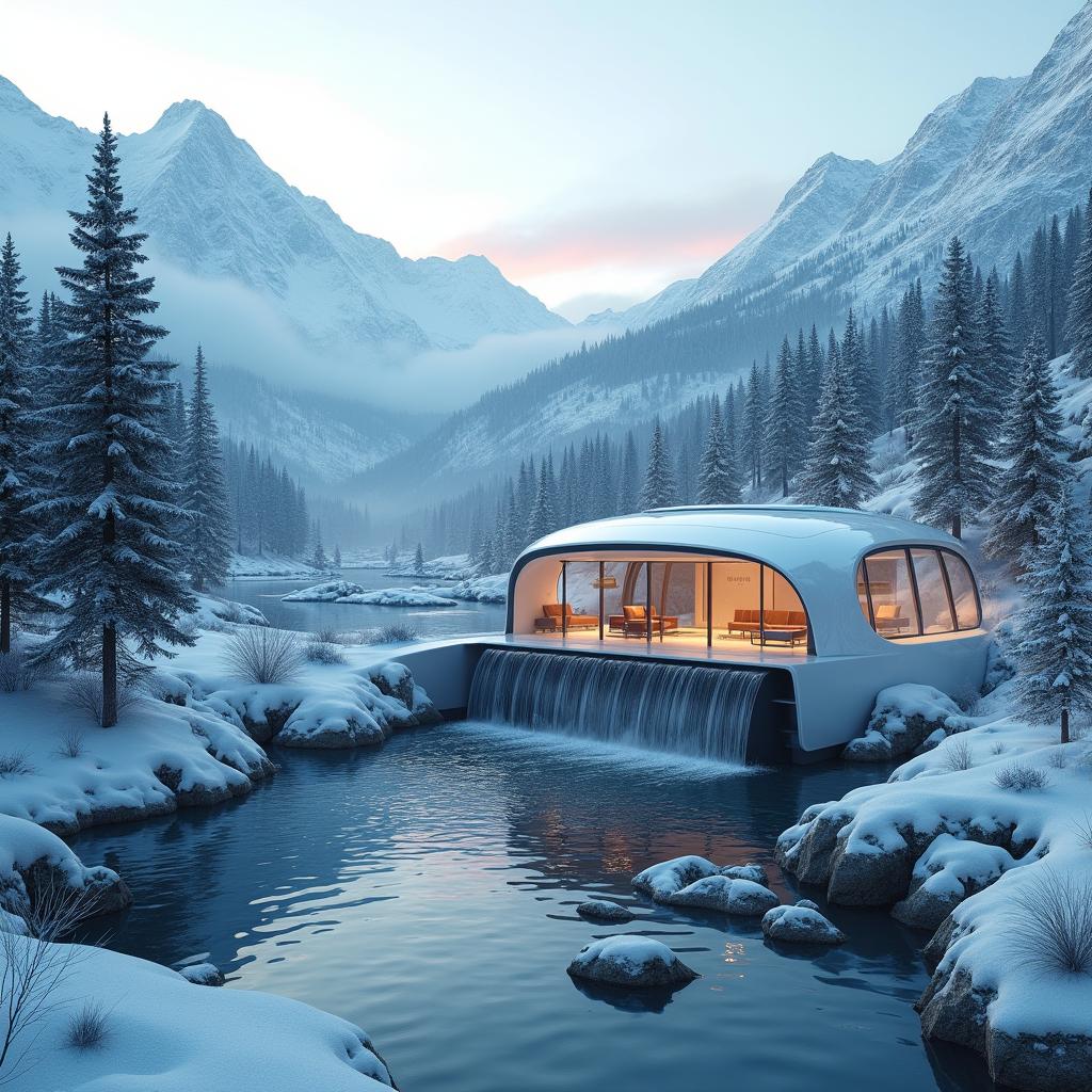 Design a small hydropower station situated against a backdrop of snowy Siberian mountains and evergreen trees