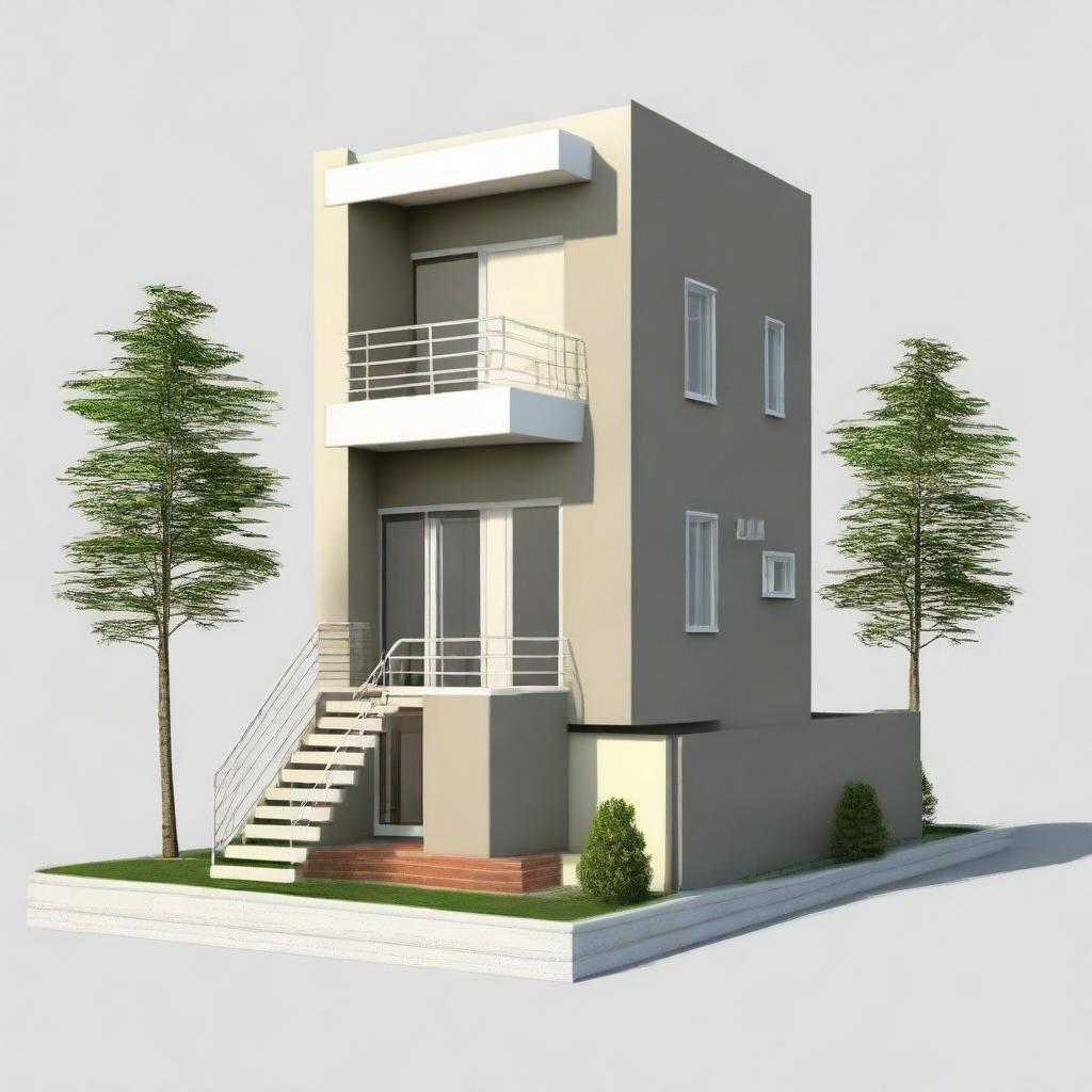 Visualize a compact 15x50 plot integrating a small shop to the side with stairs leading to a residential space at the back. The residential area includes a living room, kitchen, bathroom, and bedroom.