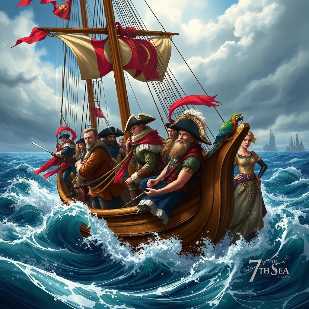 A dynamic scene from a 7th Sea role-playing game, showcasing a diverse crew of explorers on a grand sailing ship
