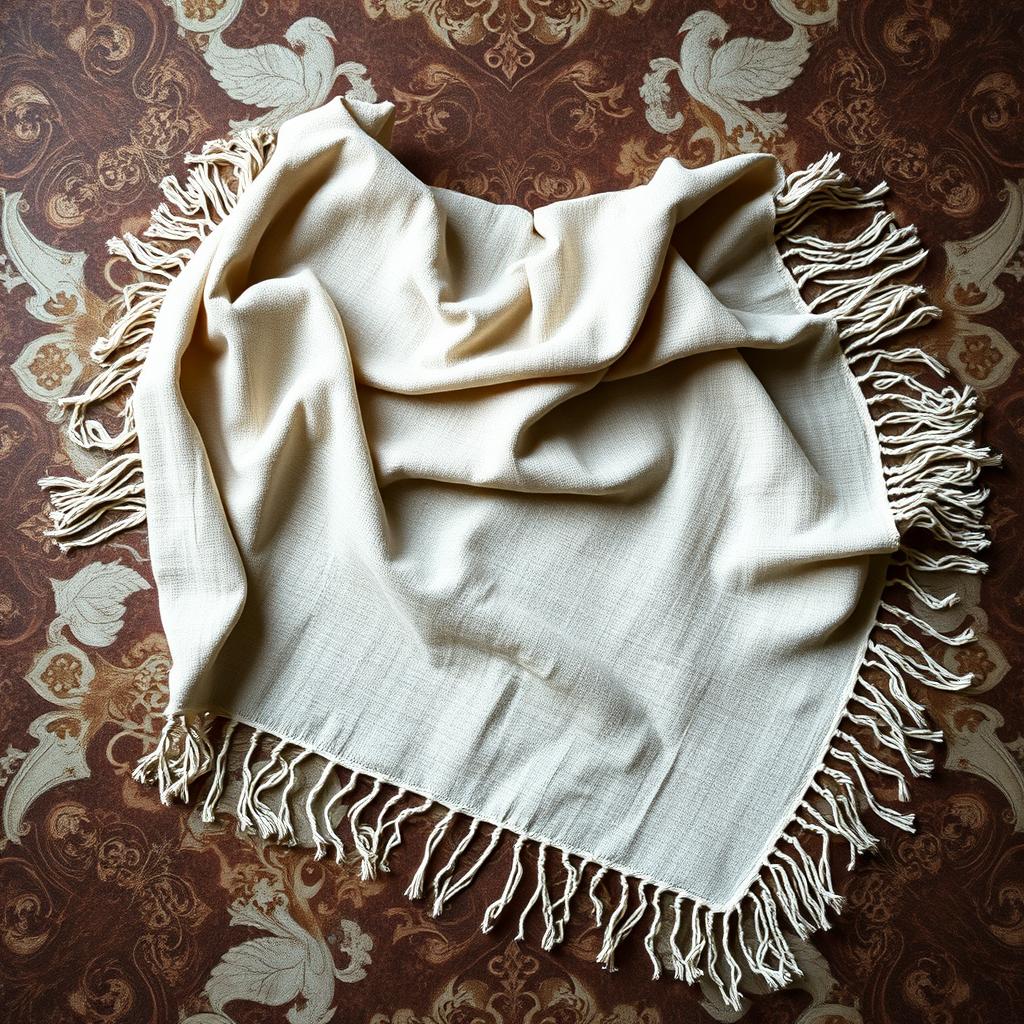 An empty shemagh, beautifully laid out on a textured surface with intricate patterns and details, showcasing its traditional design