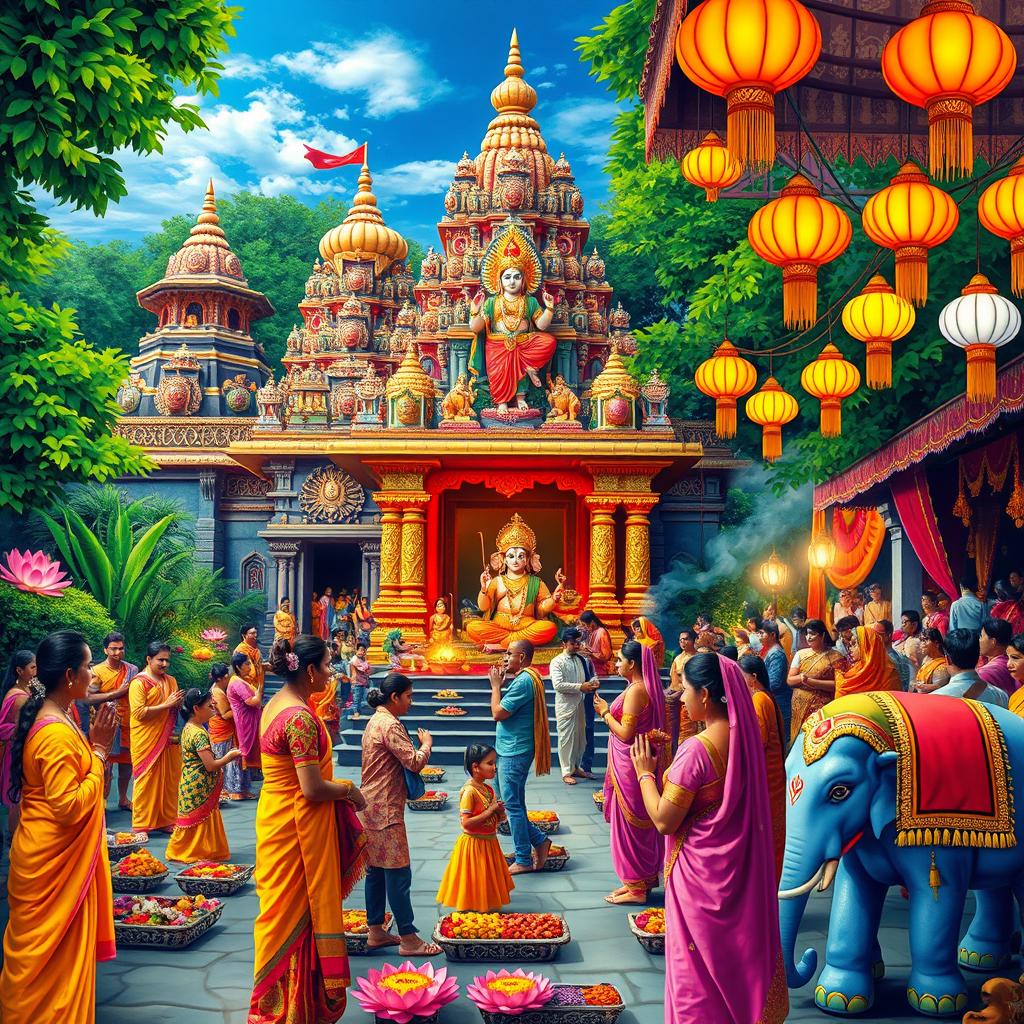 A vibrant and colorful representation of Hindu culture, showcasing a beautiful temple adorned with intricate carvings and vibrant colors, surrounded by lush green gardens
