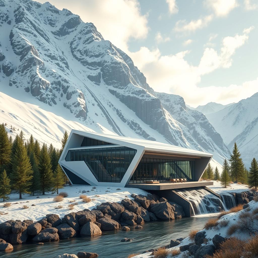 Design a small hydropower station set in a futuristic style against a backdrop of snowy Siberian mountains and summer green coniferous trees (e
