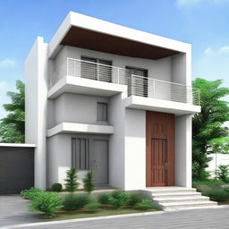 Visualize a compact 15x50 plot integrating a small shop to the side with stairs leading to a residential space at the back. The residential area includes a living room, kitchen, bathroom, and bedroom.