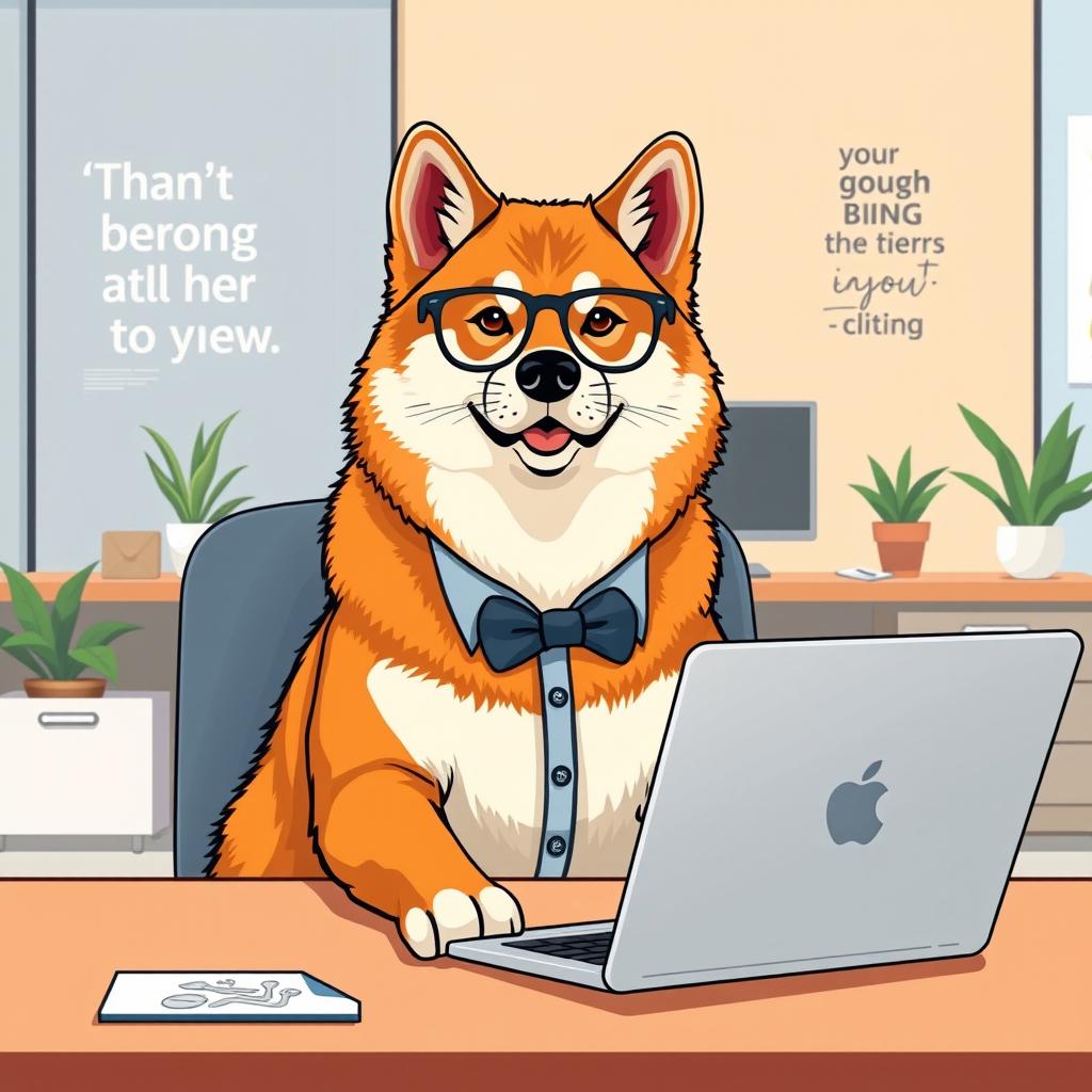An Akita Inu dog sitting in front of a laptop in a corporate office setting, dressed in a CEO outfit with glasses, depicting a confident and professional demeanor