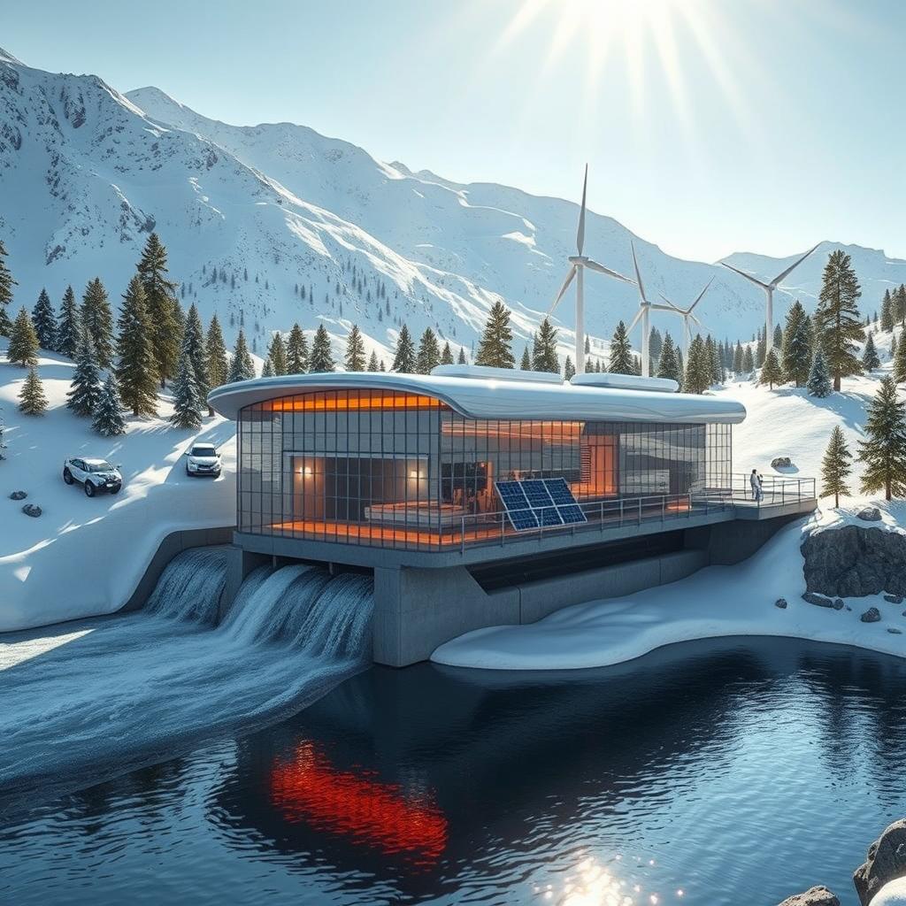 Design a small hydropower station set against a backdrop of snowy Siberian mountains and evergreen trees in summer, showcasing a futuristic style