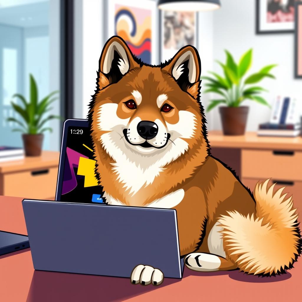 A cute Akita Inu dog sitting in front of an open laptop, in a stylish office environment