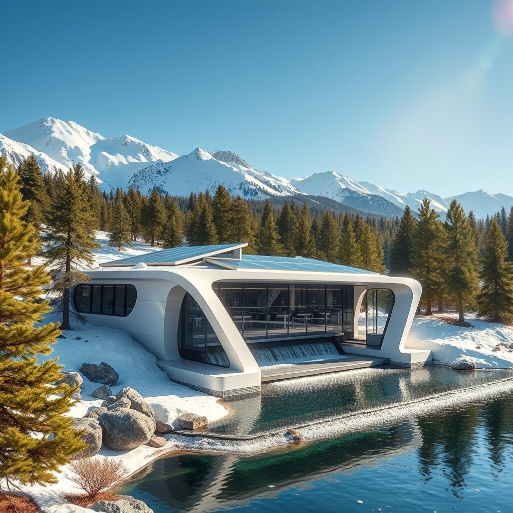 Design a small hydropower station set against a backdrop of snowy Siberian mountains and summer green spruce trees, reflecting a futuristic style