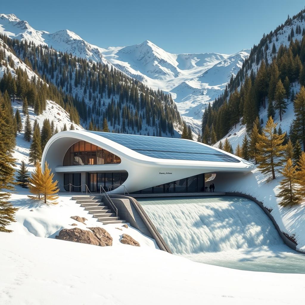 Design a small hydropower station in a futuristic style, set against the breathtaking backdrop of snowy Siberian mountains and evergreen trees during summer