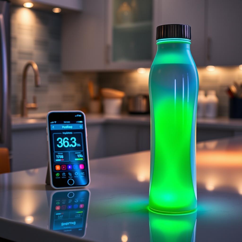 A high-tech smart water bottle called the GlowBottle, featuring a sleek and modern design with an ergonomic shape